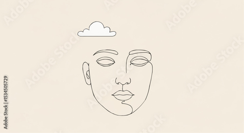 Line art face with cloud above representing mental health concept  
