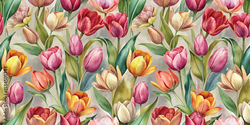 Vibrant floral pattern featuring colorful tulips in various shades and blooms.