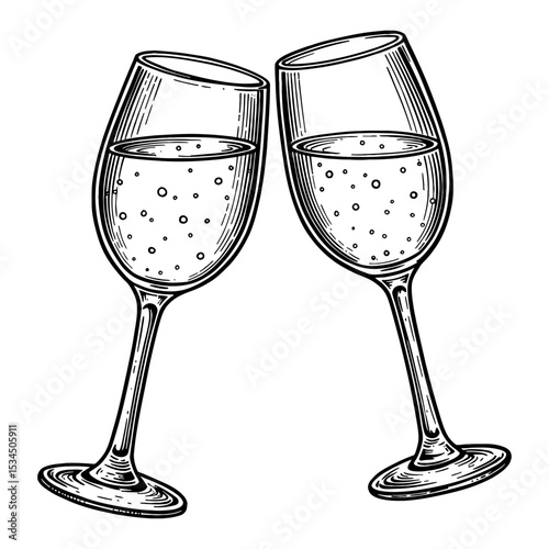 Two Glasses Clinking with Bubbly Water Toasts Celebration Vintage Black and White Outline Line Art Drawing