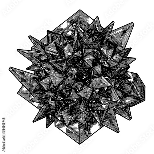 Intricate Spiky Abstract Geometric Lines Art Form Black and White Outline Line Art Drawing Complex Structure
