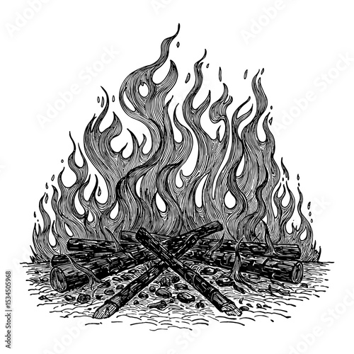 Vintage Style Campfire with Burning Logs and Roaring Flames Black and White Outline Line Art Drawing