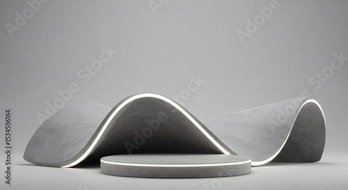Abstract Gray Concrete Wave Platform with Illuminated Display