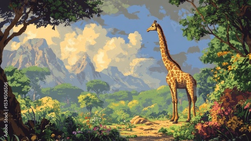 A giraffe stands tall in a vibrant African landscape, mountains in the background.