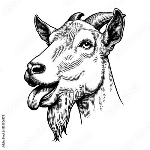 Funny Expressive Goat Face Head with Tongue Sticking Out Black and White Outline Line Art Drawing