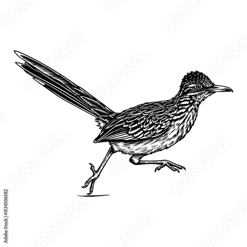 Black and White Outline Line Art Drawing Lesser Roadrunner Geococcyx Velox Running in Vintage Detail