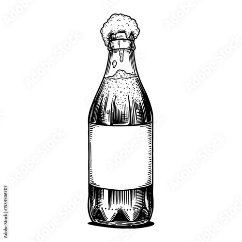 Opened Blank Label Bottle of Soda with Overflowing Foam Black and White Outline Line Art Drawing