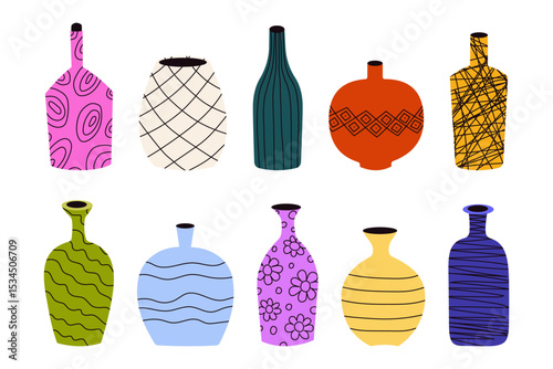 Set of Different Bottles and Ceramic Vases with Graphic Pattern. Retro 80s Pop Art Icon. Bright Neon Color of the 80s. Vector Illustration