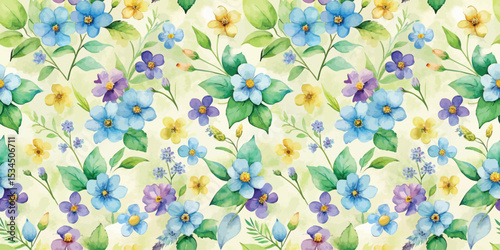 Vibrant watercolor floral pattern with various blue, purple, and yellow flowers.