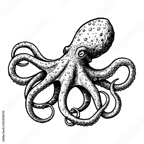 Scary Octopus Monster Black and White Outline Line Art Drawing with Detailed Tentacles and Suction Cups