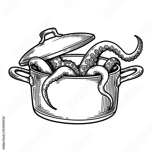 Tentacles Coming Out from Inside Pan with Lid Black and White Outline Line Art Drawing