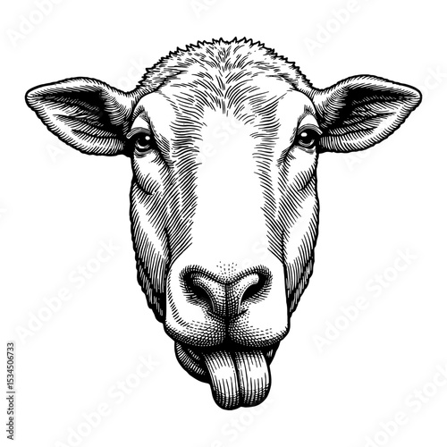 Funny Sheep Face with Tongue Out Front View Humorous Black and White Outline Line Art Drawing Engraving