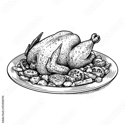 Big Cooked Chicken with Vegetables on a Plate Black and White Outline Line Art Drawing