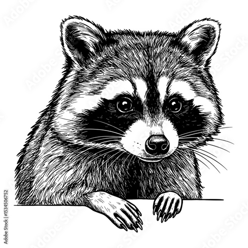 Chonky Raccoon with Confused Expression and Curious Gaze Peeking Black and White Outline Line Art Drawing
