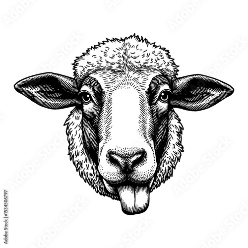Funny Cute Sheep Face with Tongue Out Detailed Black and White Outline Line Art Drawing