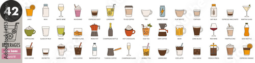 Beverages, drinks - thin line icons set, colorful fill. Juice, coffee, cappuccino, espresso, milk, hot chocolate, tea, soda, water, champagne, wine, milkshake, tea, whiskey, vector illustration