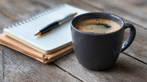 Cup of coffee beside a notebook and pen on a wooden desk in a cozy workspace during the morning