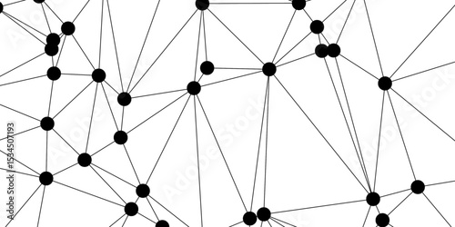 Abstract minimalistic black and white network pattern consisting of randomly connected black dots and thin straight lines. Data connections, abstract communication, and modern technology.