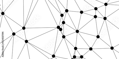 Abstract minimalistic black and white network pattern consisting of randomly connected black dots and thin straight lines. Data connections, abstract communication, and modern technology.