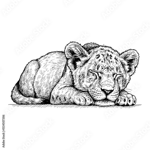 Sleeping Lying Lion Cub Detailed Black and White Outline Line Art Drawing Vintage Engraving Style