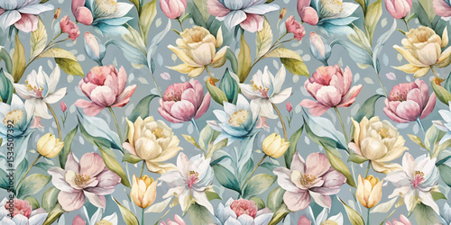 Colorful floral pattern featuring various flowers on a soft blue background.