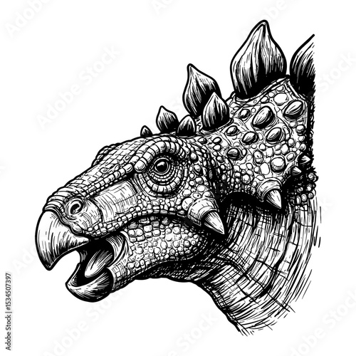 Powerful Stegosaurus Head Portrait Detailed Black and White Outline Line Art Drawing Engraving Style