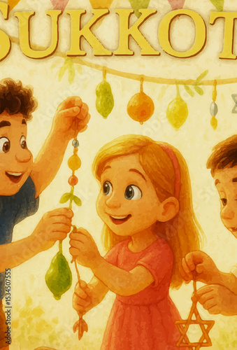 Children decorate the sukkah for the holiday of sukkot - postcard for social networks