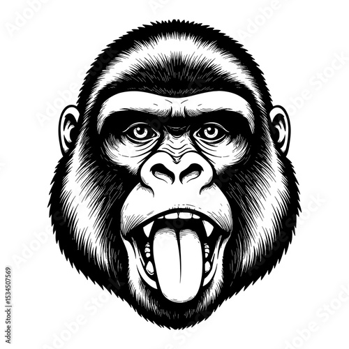 Cute Gorilla Face with Tongue Out Funny Expression Black and White Outline Line Art Drawing Illustration