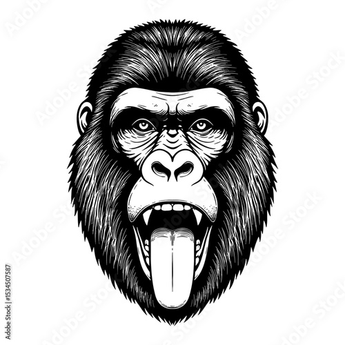Close Up Gorilla Face with a Tongue Out Black and White Outline Line Art Drawing Wild Animal Portrait
