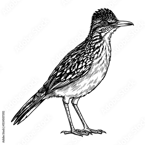 Lesser Roadrunner Geococcyx Velox Full Body Side View Black and White Outline Line Art Drawing