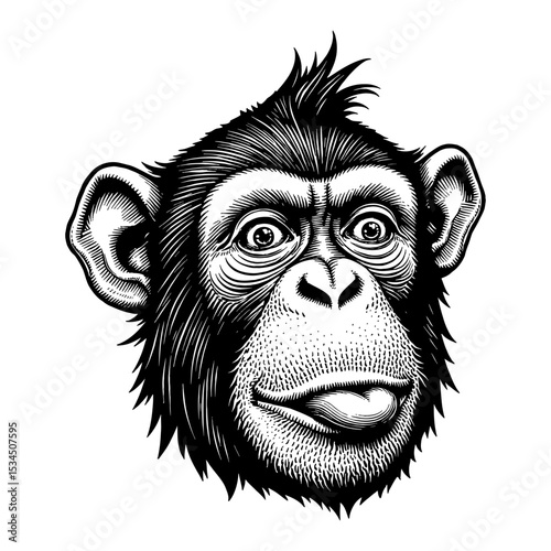 Expressive Monkey Face with Tongue Out Black and White Outline Line Art Drawing Detailed Engraving Style