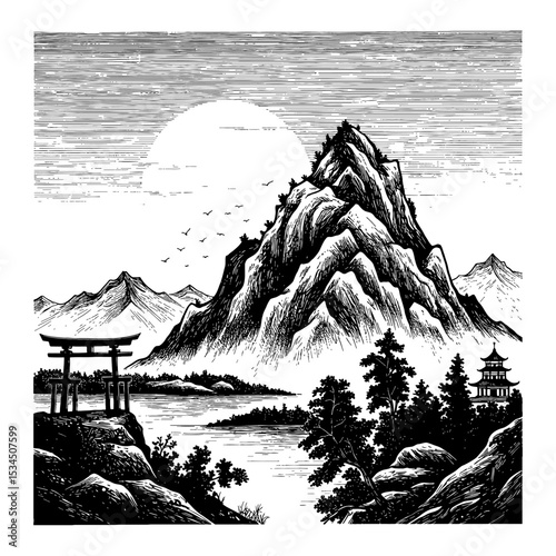Majestic Japanese Mountain Nature Landscape View with Torii Gate and Pagoda Black and White Outline Line Art Drawing