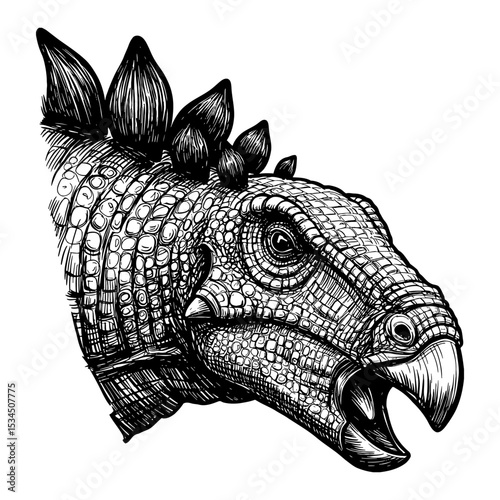 Stegosaurus Dinosaur Head Portrait Black and White Outline Line Art Drawing Extinct Animal detailed