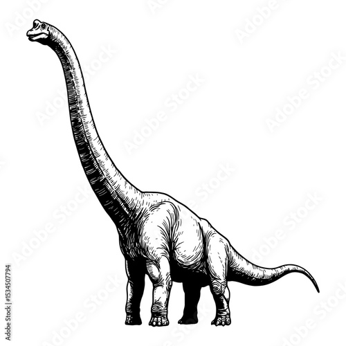 Brachiosaurus Full Body Shot Long Neck Extinct Animal Prehistoric Black and White Outline Line Art Drawing