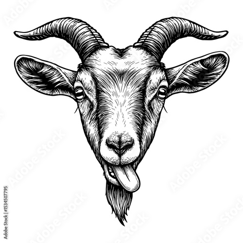 Funny Black Goat Head with Tongue Out Humorous Expression Black and White Outline Line Art Drawing