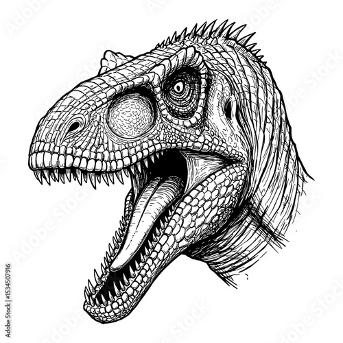Giganotosaurus Head Portrait Roaring Dinosaur Black and White Outline Line Art Drawing Engraved Style