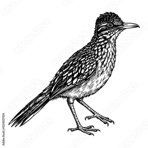 Lesser Roadrunner Geococcyx Velox Full Body Standing Side View Black and White Outline Line Art Drawing