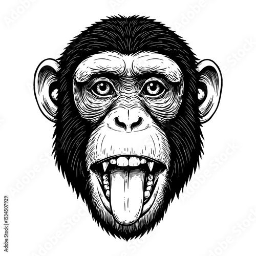 Monkey Face Sticking Tongue Out Funny Expression Black and White Outline Line Art Drawing