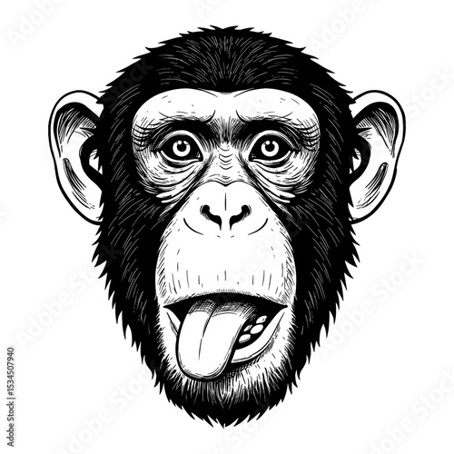 Funny Monkey Face with Tongue Out Black and White Outline Line Art Drawing Primate Animal Head