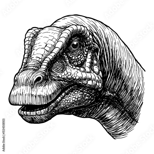 Detailed Brachiosaurus Head Portrait Black and White Outline Line Art Drawing Vintage Style Illustration