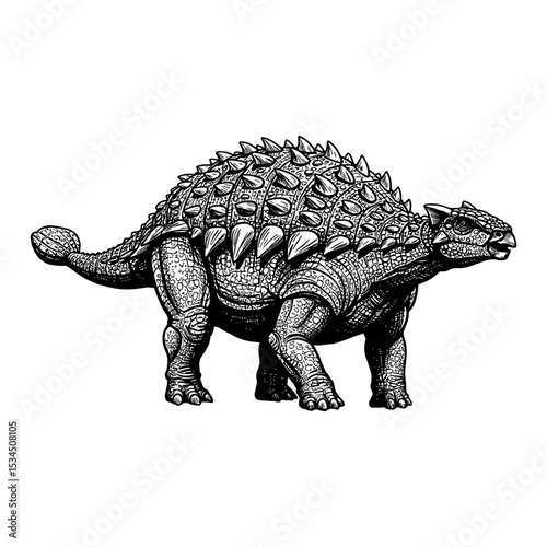 Ankylosaurus Full Body Shot Black and White Outline Line Art Drawing with Detailed Armor and Spikes