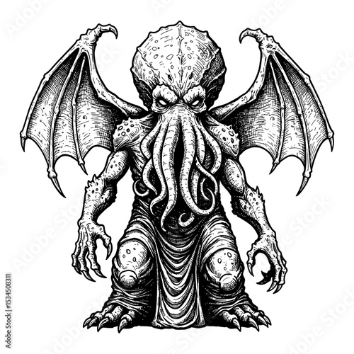 Terrifying Cthulhu Monster Mythical Creature Full Body View Black and White Outline Line Art Drawing