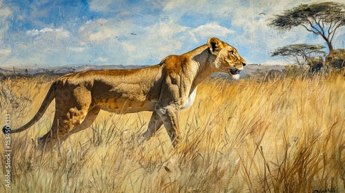 A lioness walks through tall savanna grass under a bright sky.