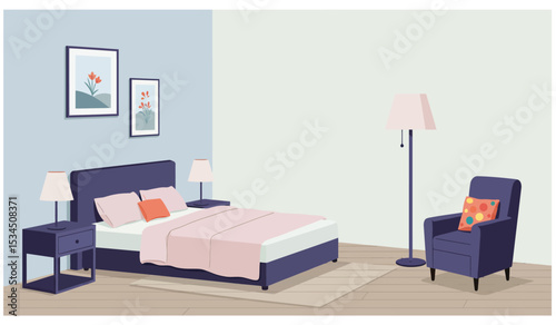 Cozy bedroom interior. Comfort room, flat cartoon living apartment with window. Sleep furniture, modern bed table mirror recent illustration