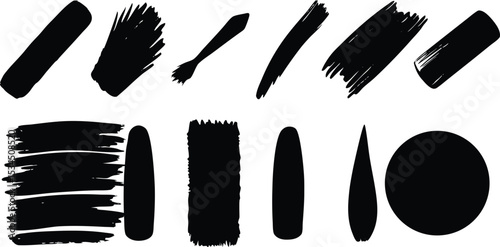 Adobe Illustrator Artwork High quality black spots painted by hand - brush strokes template full of details - uneven dirty imperfect short lines isolated on white paper background - vector illustratio