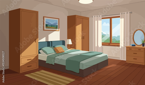 Cozy bedroom interior. Comfort room, flat cartoon living apartment with window. Sleep furniture, modern bed table mirror recent illustration
