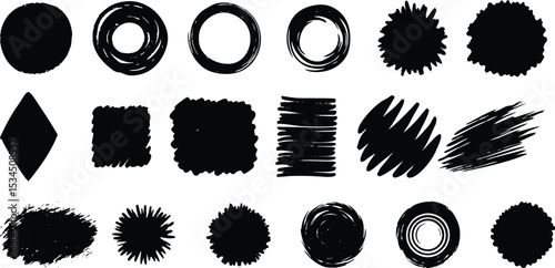 Adobe Illustrator Artwork High quality black spots painted by hand - brush strokes template full of details - uneven dirty imperfect short lines isolated on white paper background - vector illustratio