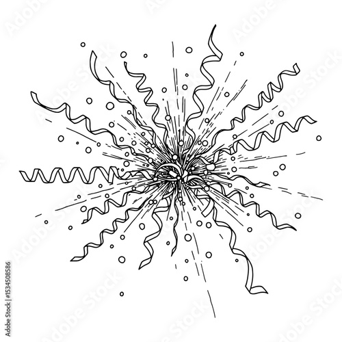 Confetti and Ribbon Explosion Hand Drawn Vintage Black and White Outline Line Art Drawing