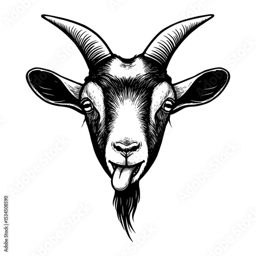 Cute Black Goat Face with Tongue Out Detailed Black and White Outline Line Art Drawing Illustration