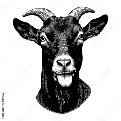 Cute Black Goat Face with a Tongue Out Front View Humorous Expressive Black and White Outline Line Art Drawing