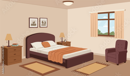 Cozy bedroom interior. Comfort room, flat cartoon living apartment with window. Sleep furniture, modern bed table mirror recent illustration